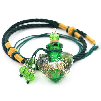 Baroque Style Heart Handmade Lampwork Perfume Essence Bottle Pendant Necklace, Adjustable Braided Cord Necklace, Sweater Necklace for Women, Green, Bottle: 40x22mm