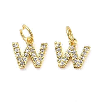 Brass Micro Pave Cubic Zirconia Pendants, with Jump Ring, Letter W, 8~9x4.5~9.5x1.5mm, Hole: 3.6mm