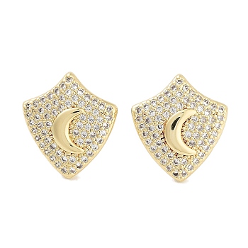 Brass Micro Pave Cubic Zirconia Stud Earrings for Women, Long-Lasting Plated, Cadmium Free & Lead Free, Real 18K Gold Plated, Moon, 15.5x14mm