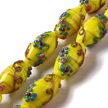 Handmade Lampwork Beads, Rice wit Flower, Yellow, 23x12~13mm, Hole: 1.6mm