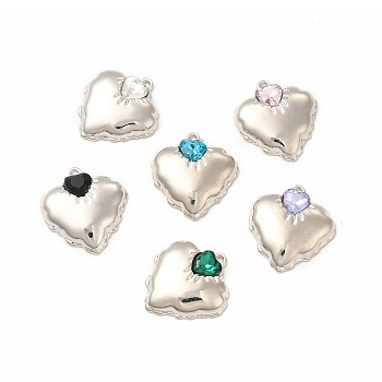 Rack Plating Alloy with Glass Pendants, Platinum Heart Charm, Cadmium Free & Nickel Free & Lead Free, Mixed Color, 22x20x4.5mm, Hole: 1.4mm