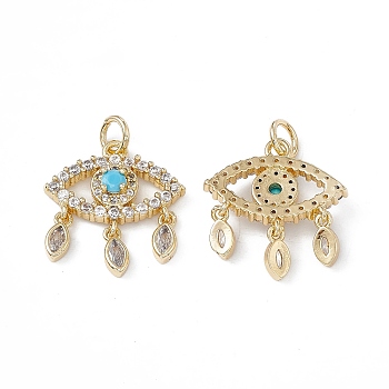 Brass Clear & Cyan Cubic Zirconia Pendants, with Jump Ring, Eye Charms, Real 18K Gold Plated, 19x17x3.5mm, Hole: 3mm