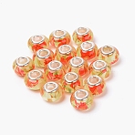 Resin European Beads, Large Hole Beads, with Platinum Tone Brass Core, Rondelle with Flower, Light Yellow, 9x13.5mm, Hole: 5mm(RESI-WH0014-36)