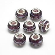 Handmade Lampwork European Beads, with Platinum Brass Double Cores, Large Hole Beads, Rondelle, Purple, 13~15x10mm, Hole: 5mm(LAMP-Q029-01C)