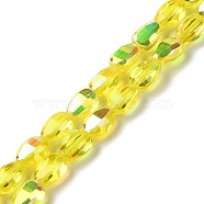 Transparent Electroplate Glass Beads Strands, AB Color Plated, Faceted, Teardrop, Yellow, 9x6.2x5mm, Hole: 1.2mm, about 71pcs/strand, 25''(63.5cm)(GLAA-Q099-F01-06)