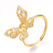 925 Sterling Silver Micro Pave Cubic Zirconia Adjustable Ring Settings, for Half Drilled Beads, with S925 Stamp, Butterfly, Real 18K Gold Plated, US Size 6 3/4(17.1mm), Pin: 0.8mm, Tray: 6mm in diameter, Butterfly: 14.5x19x2.5mm(STER-T007-129G)