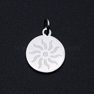 201 Stainless Steel Charms, with Jump Rings, Flat Round with Sun, Stainless Steel Color, 14.5x12x1mm, Hole: 3mm(STAS-T049-T684-1)