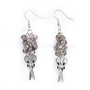 Glass Beads Dangle Earrings, with Tibetan Style Alloy Pendants and Brass Earring Hooks, Scissors, Dark Gray, 59.5mm, Pin: 0.7mm(EJEW-JE03302-03)