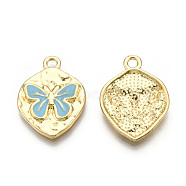 Rack Plating Alloy Enamel Pendants, Cadmium Free & Nickel Free & Lead Free, Light Gold, Oval with Butterfly Charm, Sky Blue, 24x18x3mm, Hole: 2.2mm(PALLOY-T077-209A)