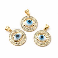 Rack Plating Real 18K Gold Plated Brass Micro Pave Clear Cubic Zirconia Pendants, with Handmade Lampwork, Cadmium Free & Lead Free, Long-Lasting, Flat Round with Evil Eye, White, 20x17.5x3.5mm, Hole: 5.5x4mm(ZIRC-L102-07G-03)
