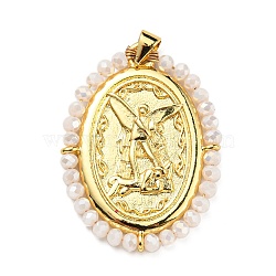 Brass with Glass Pendants, Cadmium Free & Lead Free, Real 18K Gold Plated, Oval with Angel Pattern, Antique White, 35x26x3mm, Hole: 3.5x4mm(KK-G472-05G-01)