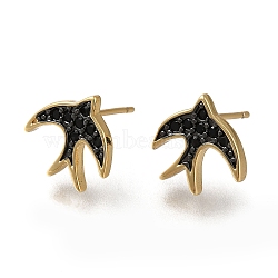 Rack Plating Brass Micro Pave Cubic Zirconia Stud Earring, Long-Lasting Plated, Cadmium Free & Lead Free, Bird, Black, Real 18K Gold Plated, 11.5x12mm(EJEW-C101-14G)