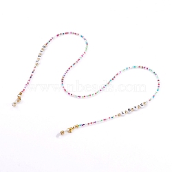 Eyeglasses Chains, Neck Strap for Eyeglasses, with Glass Seed Beads, Acrylic Letter Beads and Rubber Loop Ends, Word Love, Golden, Colorful, 27.75 inch(70.5cm)(AJEW-EH00319-03)