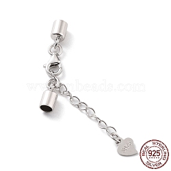 Rhodium Plated 925 Sterling Silver Curb Chain Extender, End Chains with Lobster Claw Clasps and Cord Ends, Heart Chain Tabs, with S925 Stamp, Platinum, 27mm(STER-G039-04B-P)