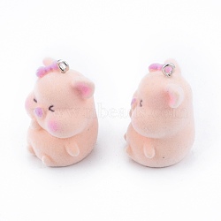 Opaque Resin Pendants, with Platinum Tone Iron Loops, Flocky Pig Charm, Pink, 36x26x24mm, Hole: 3mm(RESI-G047-19)