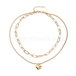 Vacuum Plating 304 Stainless Steel Double Chains Multi Layered Necklace with Heart Charm for Women, Golden, 16.34 inch(41.5cm)(STAS-E155-24G)