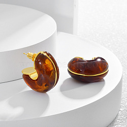 Brass C-Shaped Stud Earrings, with Resin, Coconut Brown, 25x13mm(EJEW-A121-10G-01)