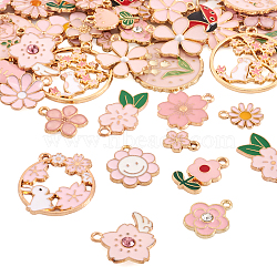 50Pcs 25 Style Alloy Enamel Pendants, Flower, Pink, 12~30x9~27x1.5~4mm, Hole: 1.4~2.2mm, 2pcs/style(ENAM-TA0001-77)