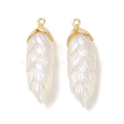 Rainbow Iridescent Plating Resin Pendants, Glitter Leaf Charms with Golden Plated Alloy Findings, Floral White, 35x11x8mm, Hole: 1.6mm(RESI-C047-03B-G)