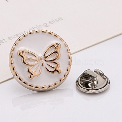 Plastic Brooch, Alloy Pin, with Enamel, for Garment Accessories, Round with Butterfly, Snow, 21mm(SENE-PW0013-07B-08B)