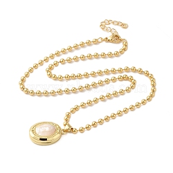 Real 18K Gold Plated Brass Pave Shell Ball Chain Locket Pendant Necklaces for Women, Oval, 16.54 inch(42cm), Pendant: 21x14mm(NJEW-K381-02B-G)