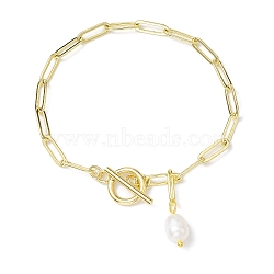 Natural Cultured Freshwater Pearl Charm Bracelets, Brass Paperclip Chain Bracelets for Women, Golden, 8-1/8 inch(20.7cm)(BJEW-JB10444)