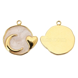 Stainless Steel Pendants, with Enamel, Golden, Flat Round with Moon & Heart Charm, Beige, 17x17mm(PW-WG12496-04)