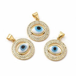 Rack Plating Real 18K Gold Plated Brass Micro Pave Clear Cubic Zirconia Pendants, with Handmade Lampwork, Cadmium Free & Lead Free, Long-Lasting, Flat Round with Evil Eye, White, 20x17.5x3.5mm, Hole: 5.5x4mm(ZIRC-L102-07G-03)