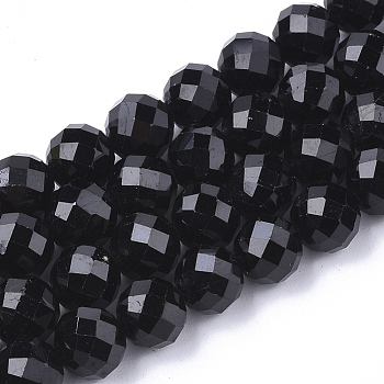 Natural Black Tourmaline Beads Strands, Faceted, Round, 4~4.5x4mm, Hole: 1mm, about 49pcs/strand, 7.48 inch