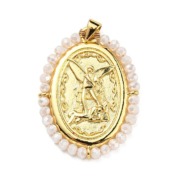 Brass with Glass Pendants, Cadmium Free & Lead Free, Real 18K Gold Plated, Oval with Angel Pattern, Antique White, 35x26x3mm, Hole: 3.5x4mm