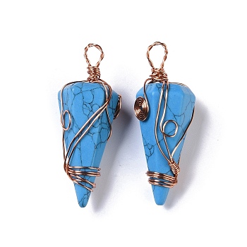 Synthetic Turquoise Dyed Copper Wire Wrapped Big Pendants, Faceted Cone Charms, Rose Gold, 50~50.5x16.5x18~19mm, Hole: 8x3.5~4mm
