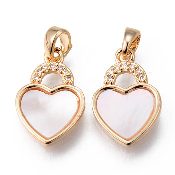 Brass Micro Cubic Zirconia Pendants, with Shell and Snap on Bails, Heart Lock, Real 18K Gold Plated, Nickel Free, Seashell Color, 17x11x2mm, Hole: 2x4mm