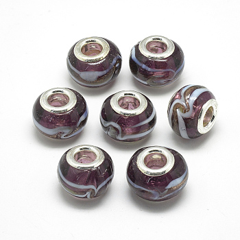 Handmade Lampwork European Beads, with Platinum Brass Double Cores, Large Hole Beads, Rondelle, Purple, 13~15x10mm, Hole: 5mm