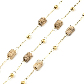 Ion Plating(IP) 304 Stainless Steel Link Chains, Natural Picture Jasper Beads & Spool, Soldered, Real 18K Gold Plated, 6.5x2.5x2.5mm, about 32.81 Feet(10m)/Roll