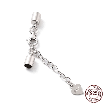 Rhodium Plated 925 Sterling Silver Curb Chain Extender, End Chains with Lobster Claw Clasps and Cord Ends, Heart Chain Tabs, with S925 Stamp, Platinum, 27mm