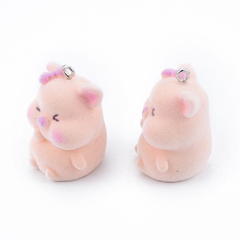 Opaque Resin Pendants, with Platinum Tone Iron Loops, Flocky Pig Charm, Pink, 36x26x24mm, Hole: 3mm