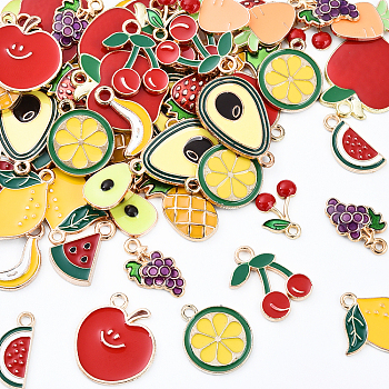 60Pcs 15 Styles Alloy Enamel Pendants, Light Gold, Fruit, Fruit, 13~24x8~19.5x1~4mm, Hole: 1.2~2.5mm, 4pcs/style