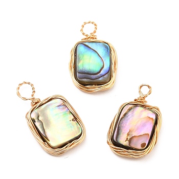 Natural Abalone Shell/Paua Shell Pendants, with Eco-Friendly Copper Wire Wrapped, Rectangle, Mixed Color, Real 18K Gold Plated, 16~17x9.5x3mm, Hole: 1.6~3mm