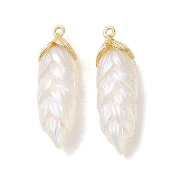 Rainbow Iridescent Plating Resin Pendants, Glitter Leaf Charms with Golden Plated Alloy Findings, Floral White, 35x11x8mm, Hole: 1.6mm