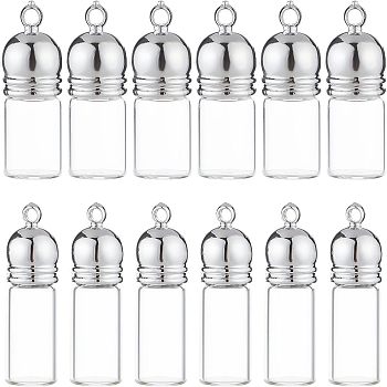 12Pcs 2 Style Glass Bottle Pendants, with Plastic Cap, Openable Perfume Bottle, Refillable Bottles, Clear, 29mm and 34.5mm, Hole: 2.5mm, 6pcs/style