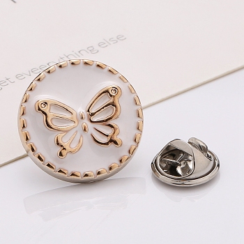 Plastic Brooch, Alloy Pin, with Enamel, for Garment Accessories, Round with Butterfly, Snow, 21mm