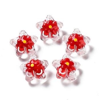 Handmade Lampwork Beads, with Enamel, Star with Flower, Crimson, 20~20.5x21~21.5x11.5~12mm, Hole: 1.6mm