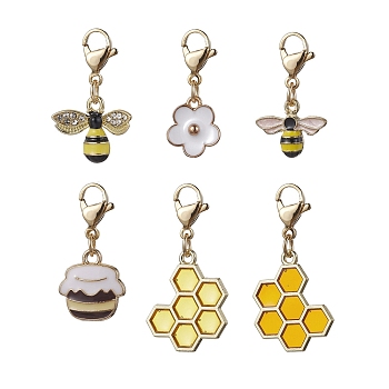 Bee & Honeycomb & Flower & Honey Jar Alloy Enamel Pendant Decorations, with Lobster Claw Clasps, Golden, 26~34mm, 6pcs/set