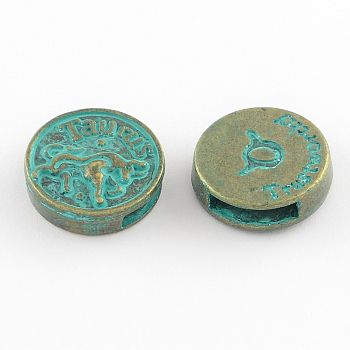 Antique Bronze & Green Patina Plated Flat Round Zinc Alloy Slide Charms, with Constellation/Zodiac Sign, Cadmium Free & Nickel Free & Lead Free, Taurus, 17~18x5mm, Hole: 11x3mm