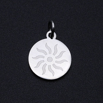 201 Stainless Steel Charms, with Jump Rings, Flat Round with Sun, Stainless Steel Color, 14.5x12x1mm, Hole: 3mm