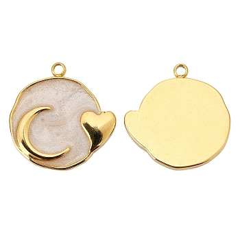 Stainless Steel Pendants, with Enamel, Golden, Flat Round with Moon & Heart Charm, Beige, 17x17mm