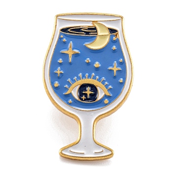 Alloy Enamel Brooches, Enamel Pin, with Butterfly Clutches, Wine Glass with Eye, Cornflower Blue, Golden, 27.5x17mm