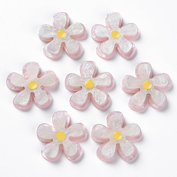 Cellulose Acetate(Resin) Cabochons, with Glitter Powder, Flower, Pink, 26x27x5.5mm