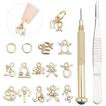 Nail Art Tools Set, including Constellation Zinc Alloy Rhinestone Charms, Jump Rings & Stainless Steel Tweezers, Iron Manual Nail Art Punch Tools, Mixed Color, 0.85x0.7x0.25cm