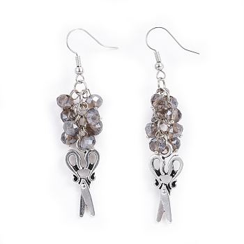 Glass Beads Dangle Earrings, with Tibetan Style Alloy Pendants and Brass Earring Hooks, Scissors, Dark Gray, 59.5mm, Pin: 0.7mm